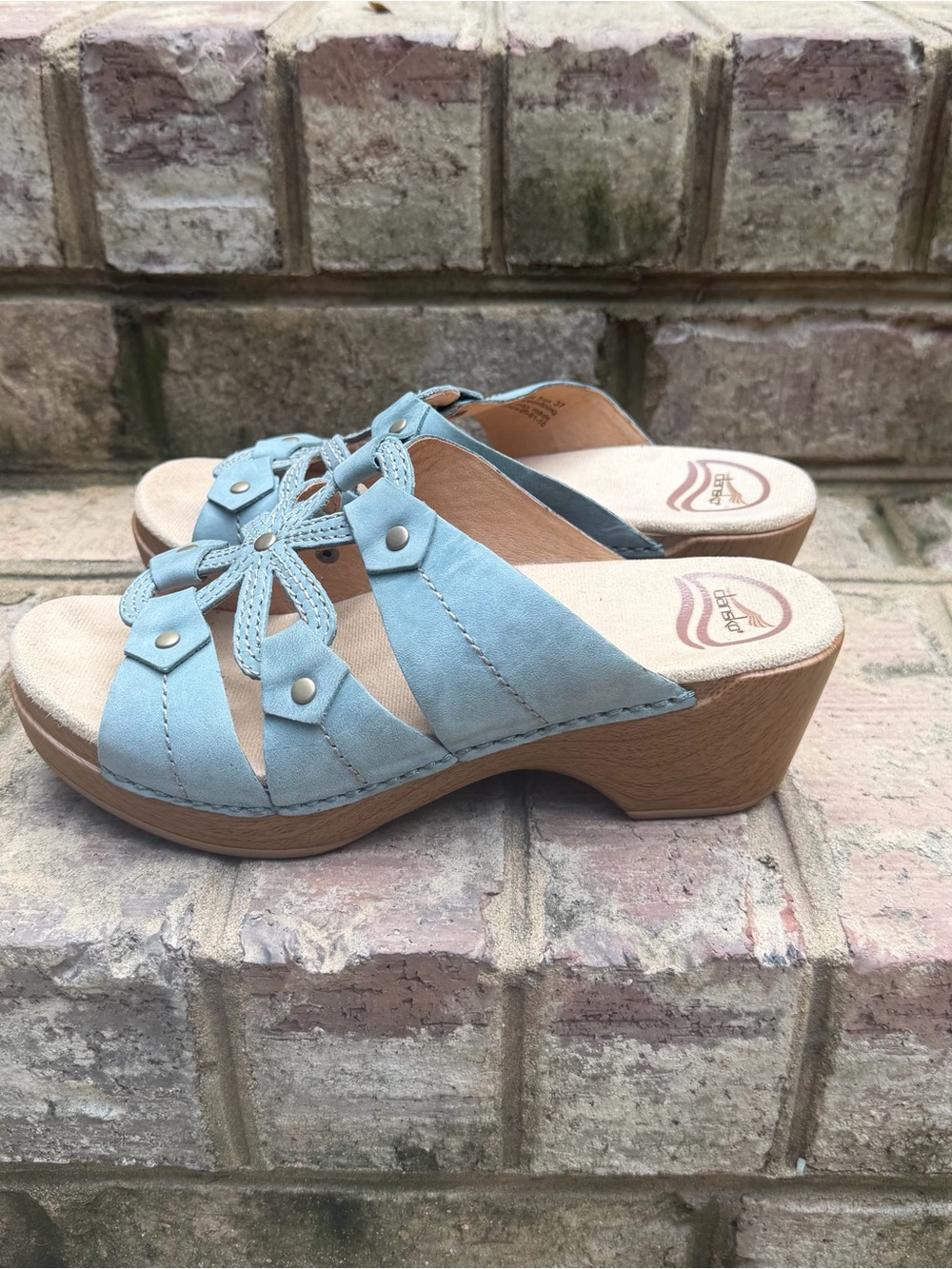 Dansko Serena Blue Leather Floral Wedge Slide Sandals 37 NWOT